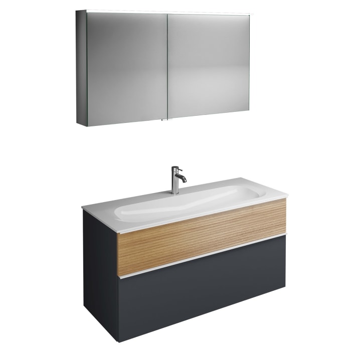 burgbad Fiumo Badmöbel-Set 122 cm mit Waschtisch mit 1 Hahnloch und Unterschrank  mit Griff G0223 sowie mit Spiegelschrank