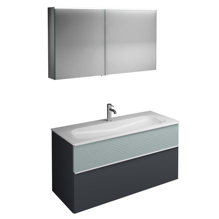 burgbad Fiumo Badmöbel-Set 122 cm mit Waschtisch mit 1 Hahnloch und Unterschrank  mit Griff G0223 sowie mit Spiegelschrank