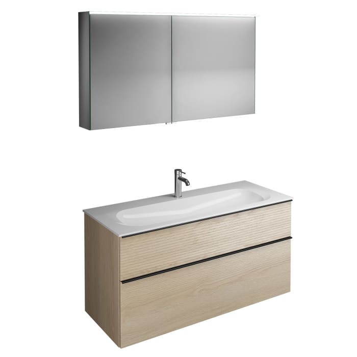 burgbad Fiumo Badmöbel-Set 122 cm mit Waschtisch mit 1 Hahnloch und Unterschrank  mit Griff G0200 sowie mit Spiegelschrank