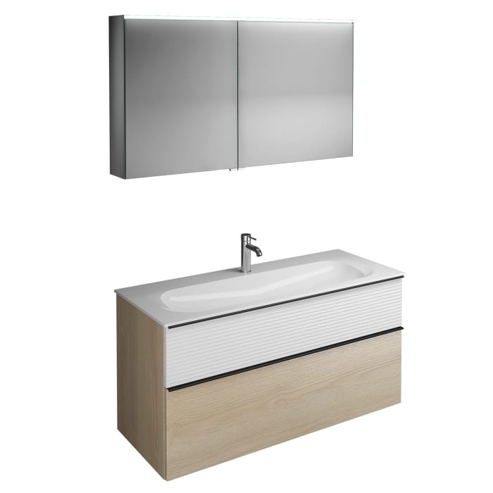 burgbad Fiumo Badmöbel-Set 122 cm mit Waschtisch mit 1 Hahnloch und Unterschrank  mit Griff G0200 sowie mit Spiegelschrank