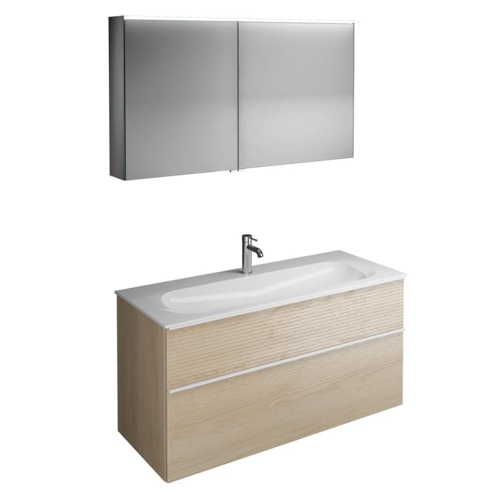 burgbad Fiumo Badmöbel-Set 122 cm mit Waschtisch mit 1 Hahnloch und Unterschrank  mit Griff G0223 sowie mit Spiegelschrank