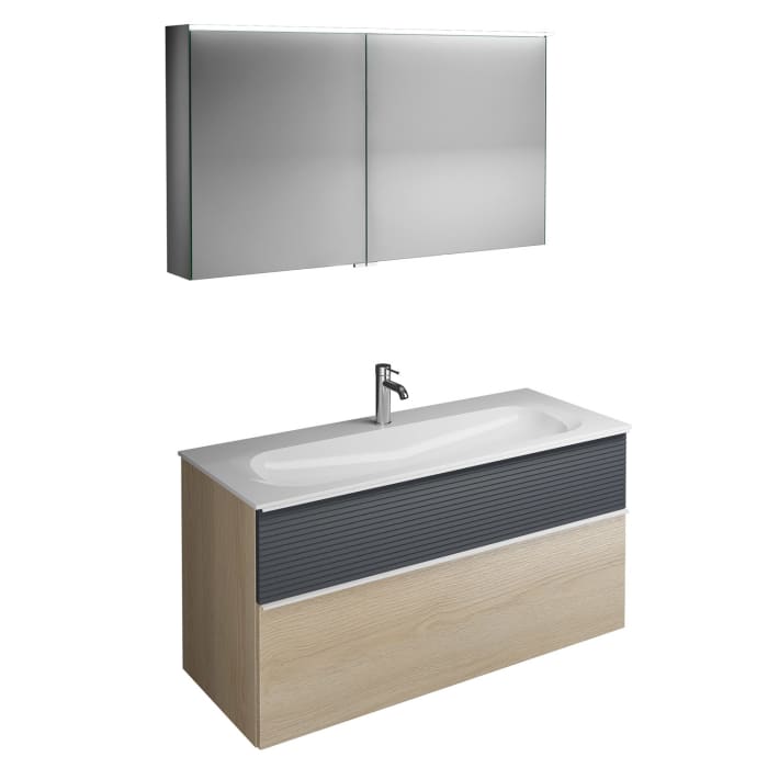 burgbad Fiumo Badmöbel-Set 122 cm mit Waschtisch mit 1 Hahnloch und Unterschrank  mit Griff G0223 sowie mit Spiegelschrank