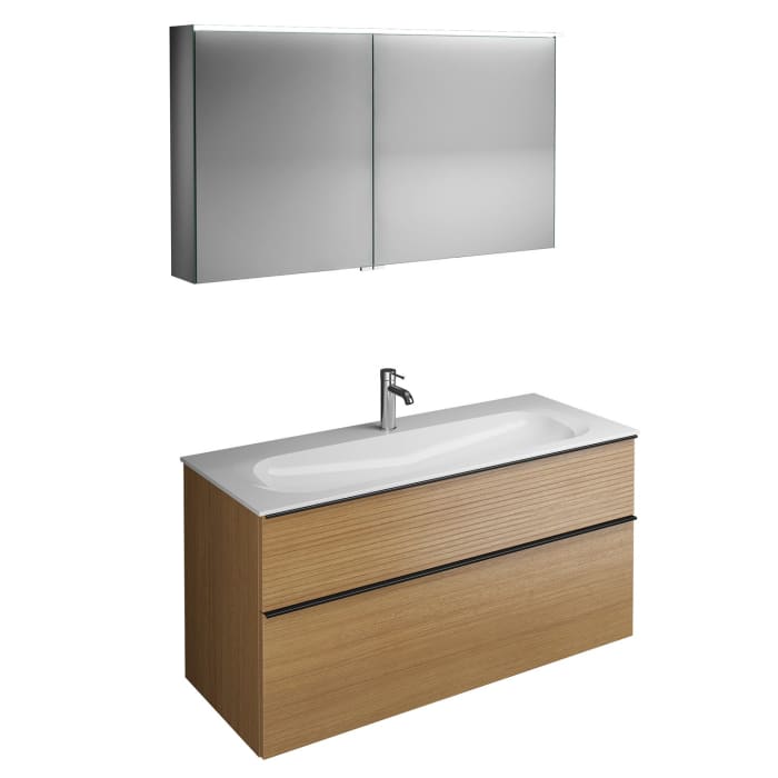 burgbad Fiumo Badmöbel-Set 122 cm mit Waschtisch mit 1 Hahnloch und Unterschrank  mit Griff G0200 sowie mit Spiegelschrank