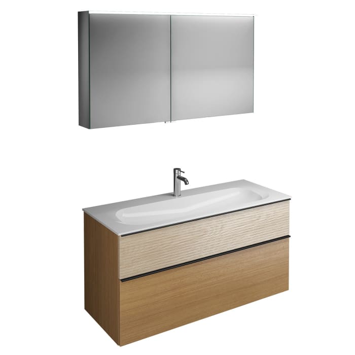 burgbad Fiumo Badmöbel-Set 122 cm mit Waschtisch mit 1 Hahnloch und Unterschrank  mit Griff G0200 sowie mit Spiegelschrank