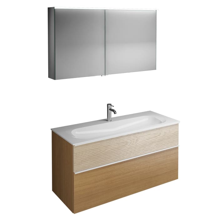 burgbad Fiumo Badmöbel-Set 122 cm mit Waschtisch mit 1 Hahnloch und Unterschrank  mit Griff G0223 sowie mit Spiegelschrank