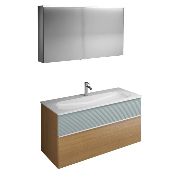 burgbad Fiumo Badmöbel-Set 122 cm mit Waschtisch mit 1 Hahnloch und Unterschrank  mit Griff G0223 sowie mit Spiegelschrank