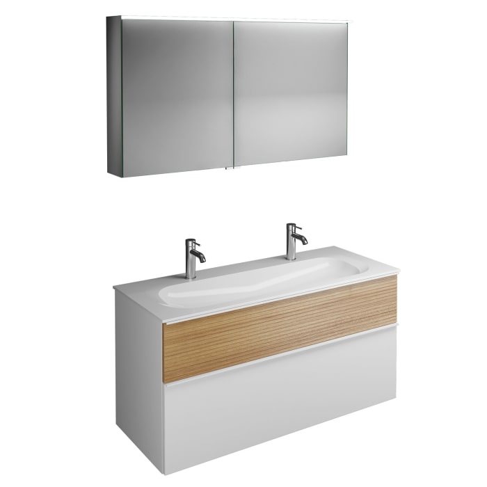 burgbad Fiumo Badmöbel-Set 122 cm mit Waschtisch mit 2 Hahnlöcher und Unterschrank  mit Griff G0223 sowie mit Spiegelschrank