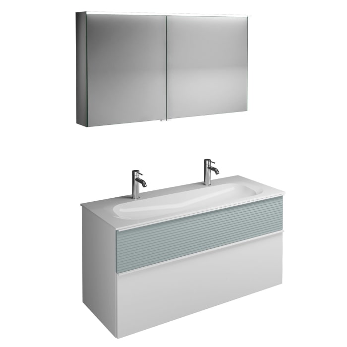 burgbad Fiumo Badmöbel-Set 122 cm mit Waschtisch mit 2 Hahnlöcher und Unterschrank  mit Griff G0223 sowie mit Spiegelschrank