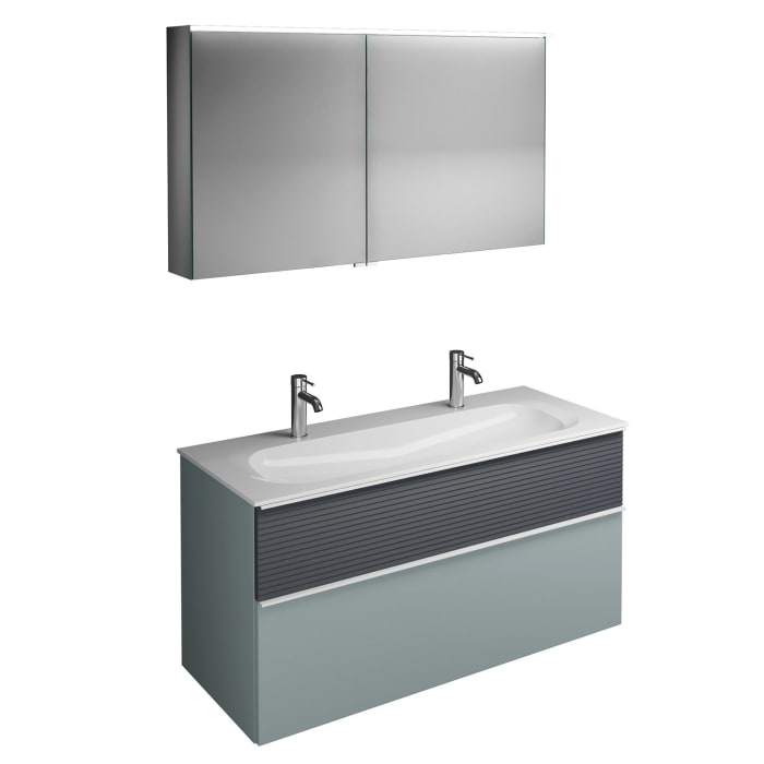 burgbad Fiumo Badmöbel-Set 122 cm mit Waschtisch mit 2 Hahnlöcher und Unterschrank  mit Griff G0223 sowie mit Spiegelschrank