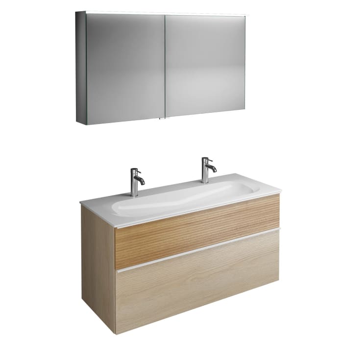 burgbad Fiumo Badmöbel-Set 122 cm mit Waschtisch mit 2 Hahnlöcher und Unterschrank  mit Griff G0223 sowie mit Spiegelschrank