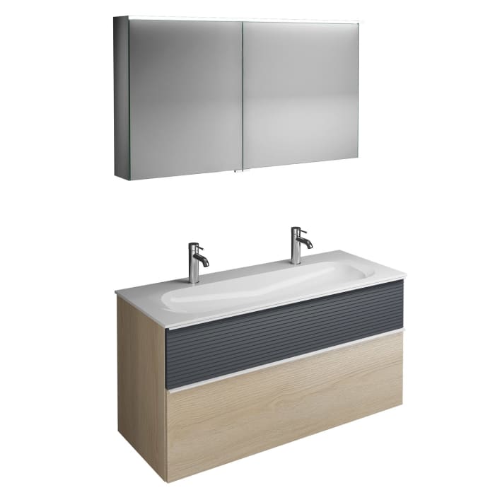 burgbad Fiumo Badmöbel-Set 122 cm mit Waschtisch mit 2 Hahnlöcher und Unterschrank  mit Griff G0223 sowie mit Spiegelschrank