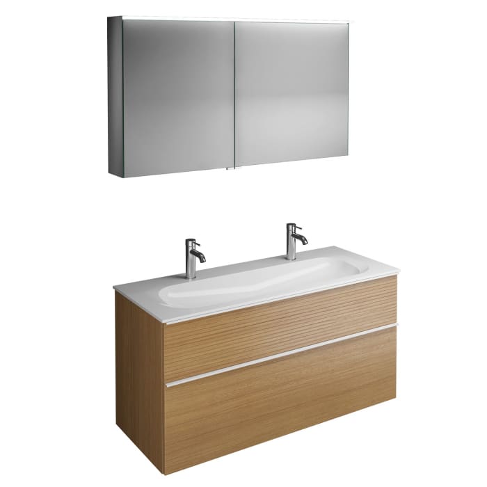 burgbad Fiumo Badmöbel-Set 122 cm mit Waschtisch mit 2 Hahnlöcher und Unterschrank  mit Griff G0223 sowie mit Spiegelschrank