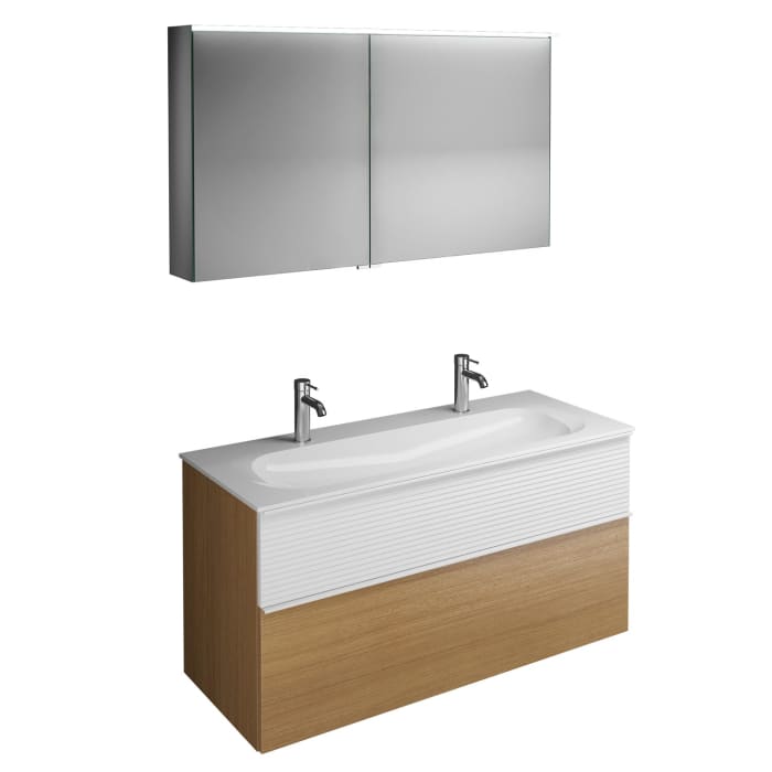 burgbad Fiumo Badmöbel-Set 122 cm mit Waschtisch mit 2 Hahnlöcher und Unterschrank  mit Griff G0223 sowie mit Spiegelschrank