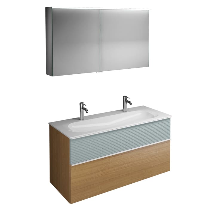 burgbad Fiumo Badmöbel-Set 122 cm mit Waschtisch mit 2 Hahnlöcher und Unterschrank  mit Griff G0223 sowie mit Spiegelschrank