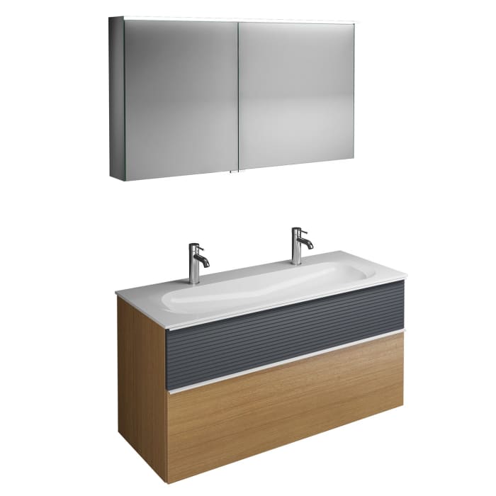 burgbad Fiumo Badmöbel-Set 122 cm mit Waschtisch mit 2 Hahnlöcher und Unterschrank  mit Griff G0223 sowie mit Spiegelschrank