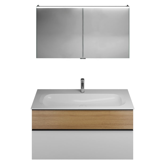 burgbad Fiumo Badmöbel-Set 122 cm mit Waschtisch mit 1 Hahnloch und Unterschrank  mit Griff G0200 sowie mit Spiegelschrank