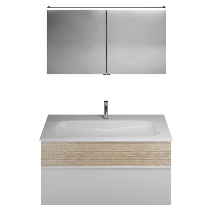 burgbad Fiumo Badmöbel-Set 122 cm mit Waschtisch mit 1 Hahnloch und Unterschrank  mit Griff G0223 sowie mit Spiegelschrank
