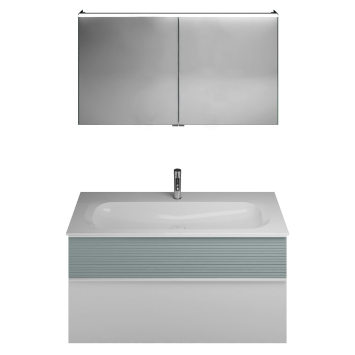 burgbad Fiumo Badmöbel-Set 122 cm mit Waschtisch mit 1 Hahnloch und Unterschrank  mit Griff G0223 sowie mit Spiegelschrank