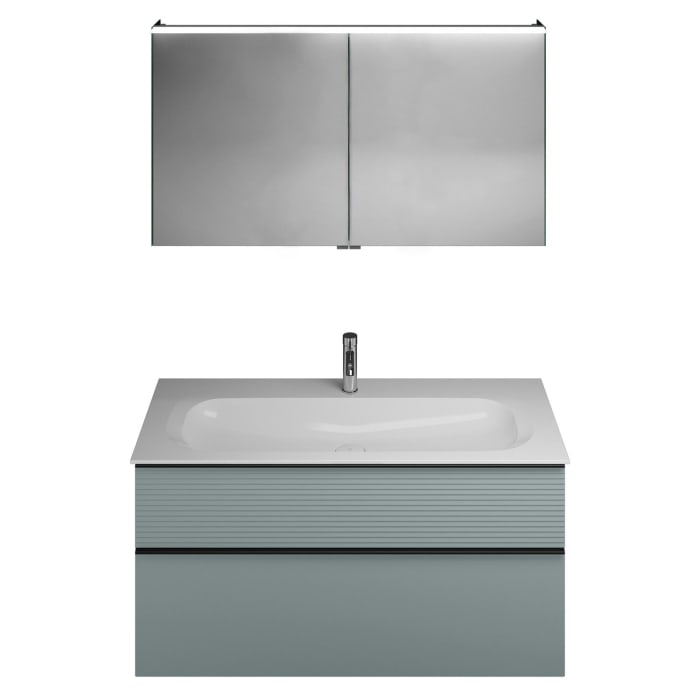 burgbad Fiumo Badmöbel-Set 122 cm mit Waschtisch mit 1 Hahnloch und Unterschrank  mit Griff G0200 sowie mit Spiegelschrank