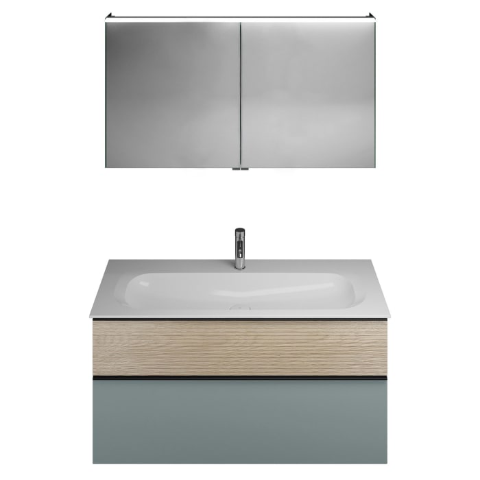 burgbad Fiumo Badmöbel-Set 122 cm mit Waschtisch mit 1 Hahnloch und Unterschrank  mit Griff G0200 sowie mit Spiegelschrank