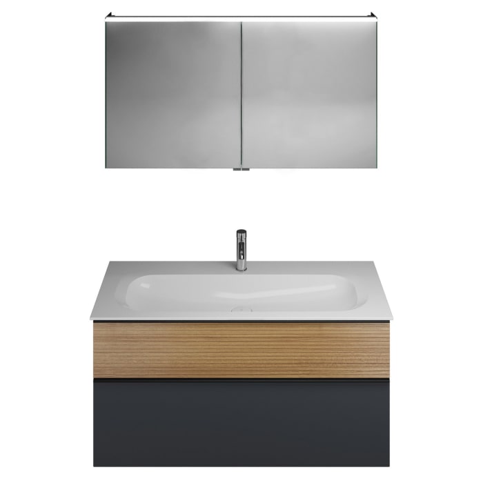 burgbad Fiumo Badmöbel-Set 122 cm mit Waschtisch mit 1 Hahnloch und Unterschrank  mit Griff G0200 sowie mit Spiegelschrank