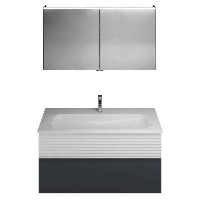 burgbad Fiumo Badmöbel-Set 122 cm mit Waschtisch mit 1 Hahnloch und Unterschrank  mit Griff G0223 sowie mit Spiegelschrank