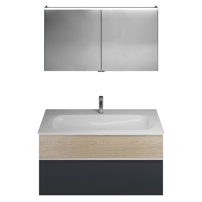 burgbad Fiumo Badmöbel-Set 122 cm mit Waschtisch mit 1 Hahnloch und Unterschrank  mit Griff G0223 sowie mit Spiegelschrank