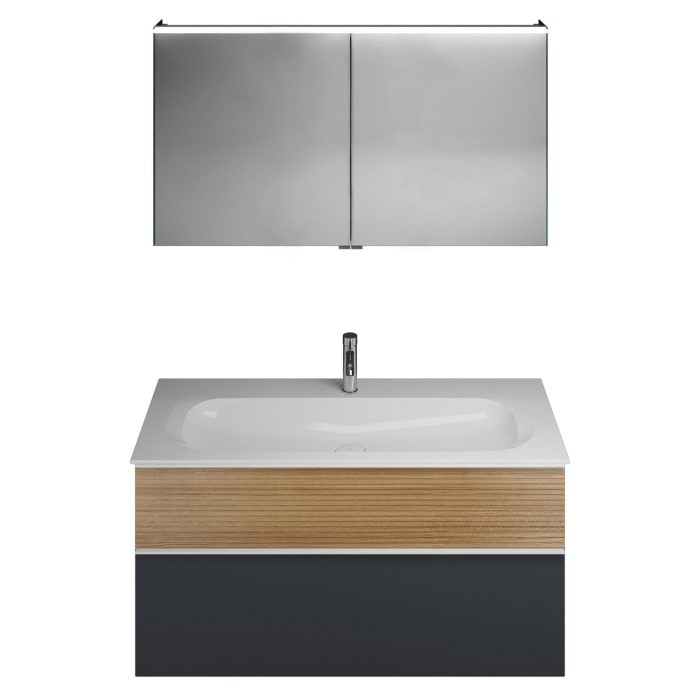 burgbad Fiumo Badmöbel-Set 122 cm mit Waschtisch mit 1 Hahnloch und Unterschrank  mit Griff G0223 sowie mit Spiegelschrank