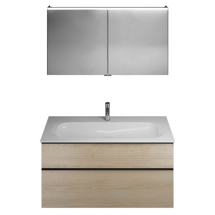 burgbad Fiumo Badmöbel-Set 122 cm mit Waschtisch mit 1 Hahnloch und Unterschrank  mit Griff G0200 sowie mit Spiegelschrank