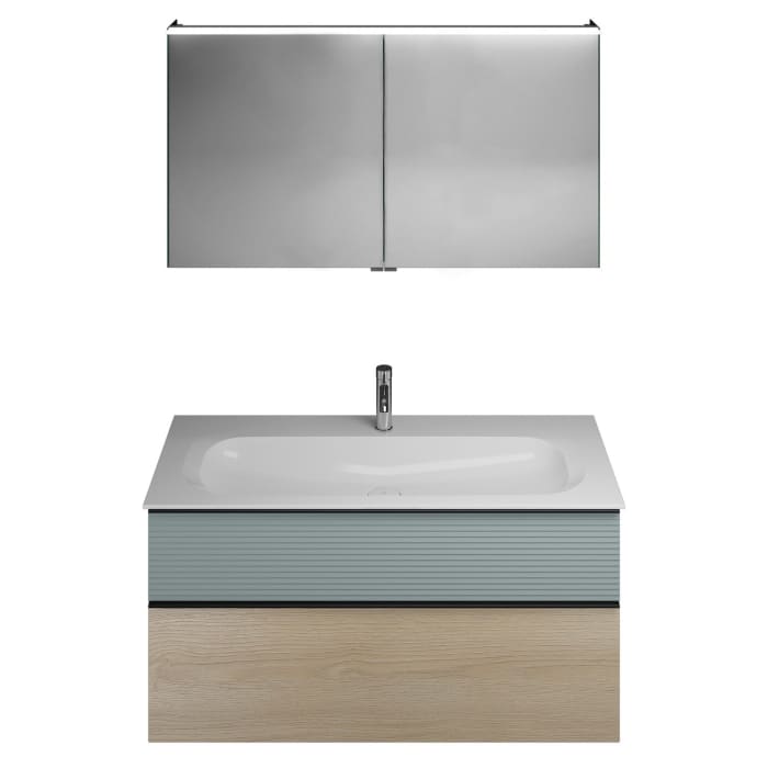 burgbad Fiumo Badmöbel-Set 122 cm mit Waschtisch mit 1 Hahnloch und Unterschrank  mit Griff G0200 sowie mit Spiegelschrank