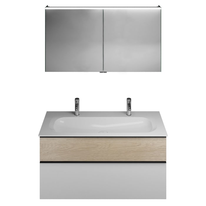 burgbad Fiumo Badmöbel-Set 122 cm mit Waschtisch mit 2 Hahnlöcher und Unterschrank  mit Griff G0200 sowie mit Spiegelschrank