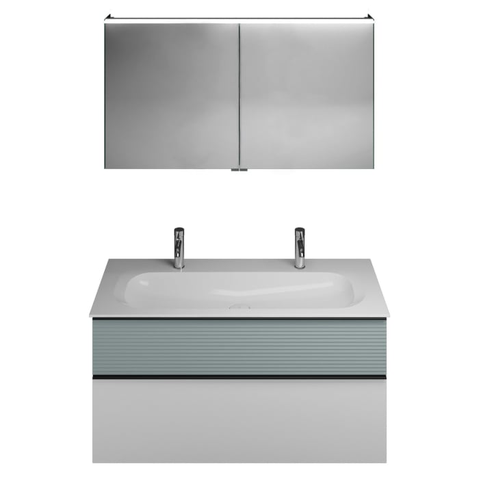 burgbad Fiumo Badmöbel-Set 122 cm mit Waschtisch mit 2 Hahnlöcher und Unterschrank  mit Griff G0200 sowie mit Spiegelschrank