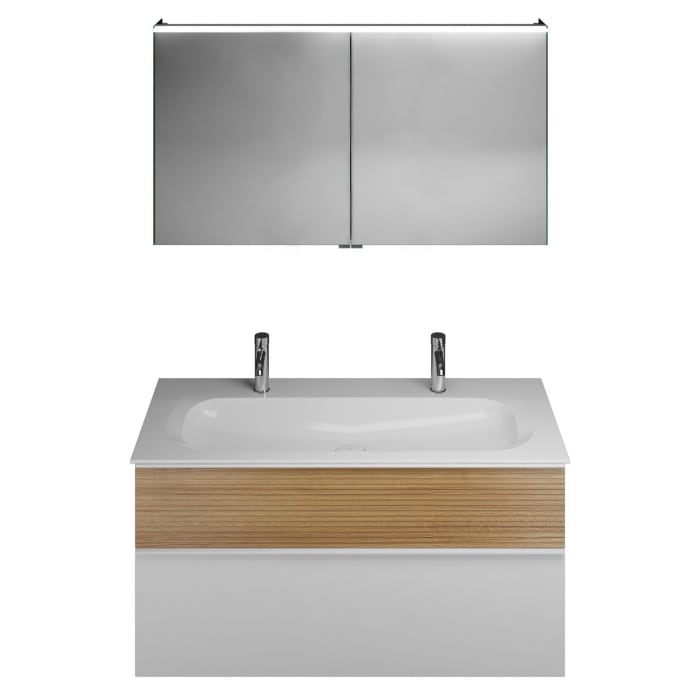 burgbad Fiumo Badmöbel-Set 122 cm mit Waschtisch mit 2 Hahnlöcher und Unterschrank  mit Griff G0223 sowie mit Spiegelschrank