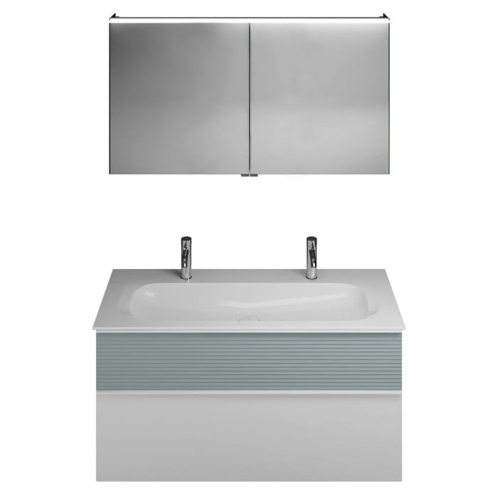 burgbad Fiumo Badmöbel-Set 122 cm mit Waschtisch mit 2 Hahnlöcher und Unterschrank  mit Griff G0223 sowie mit Spiegelschrank