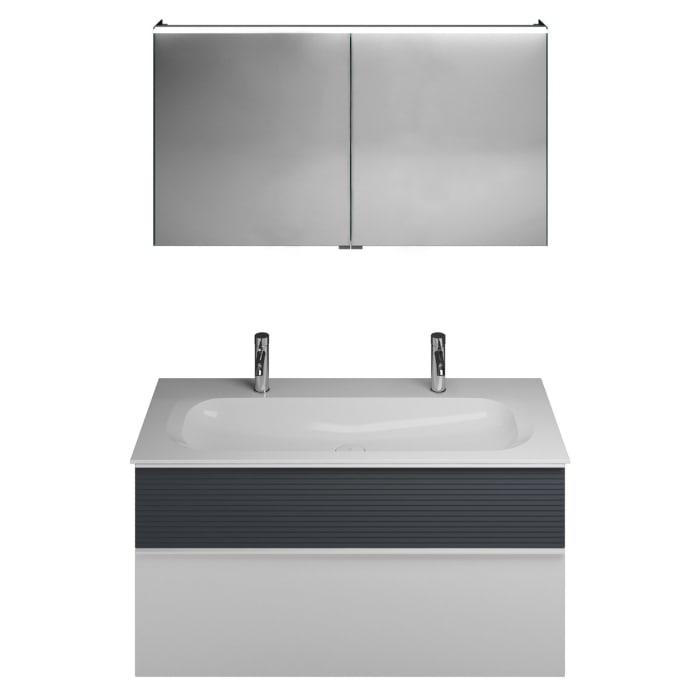 burgbad Fiumo Badmöbel-Set 122 cm mit Waschtisch mit 2 Hahnlöcher und Unterschrank  mit Griff G0223 sowie mit Spiegelschrank