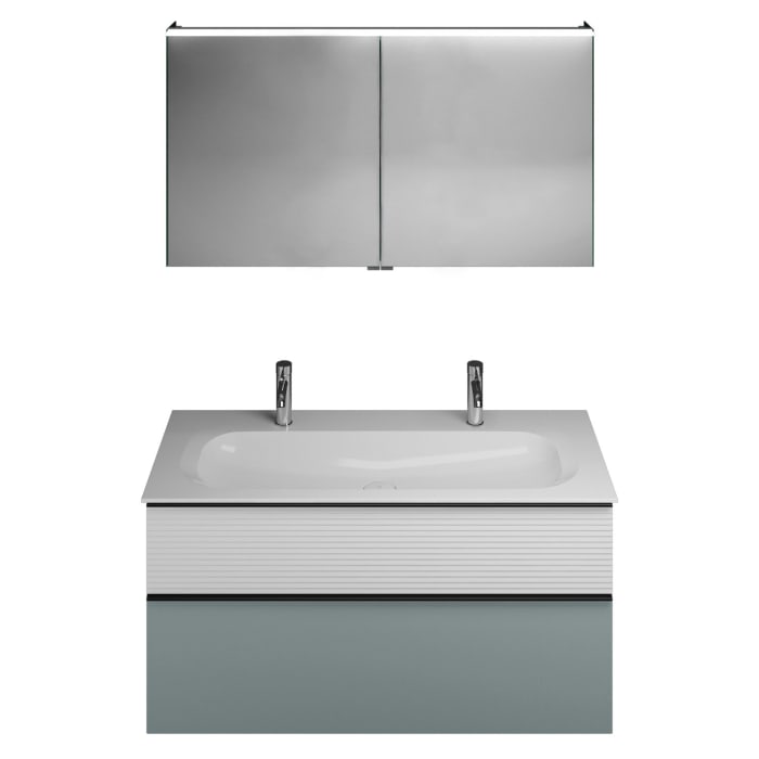 burgbad Fiumo Badmöbel-Set 122 cm mit Waschtisch mit 2 Hahnlöcher und Unterschrank  mit Griff G0200 sowie mit Spiegelschrank