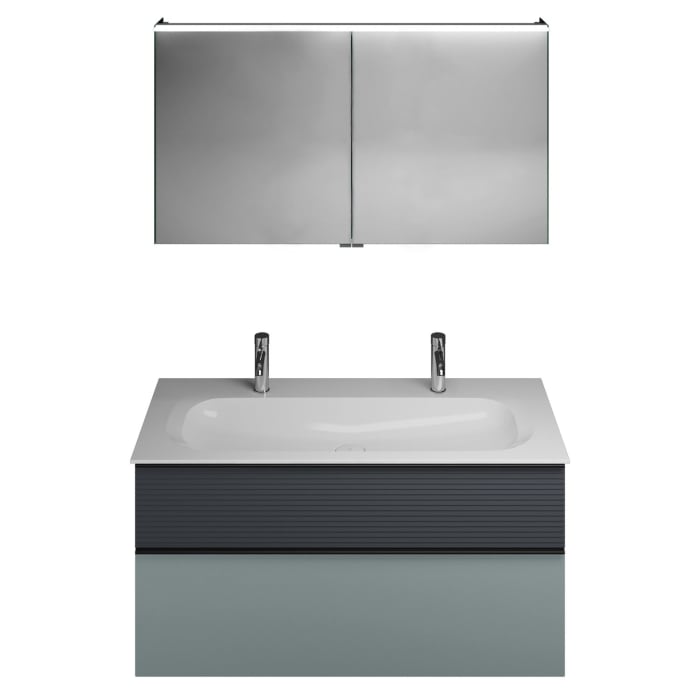 burgbad Fiumo Badmöbel-Set 122 cm mit Waschtisch mit 2 Hahnlöcher und Unterschrank  mit Griff G0200 sowie mit Spiegelschrank