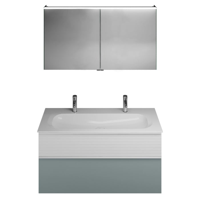 burgbad Fiumo Badmöbel-Set 122 cm mit Waschtisch mit 2 Hahnlöcher und Unterschrank  mit Griff G0223 sowie mit Spiegelschrank