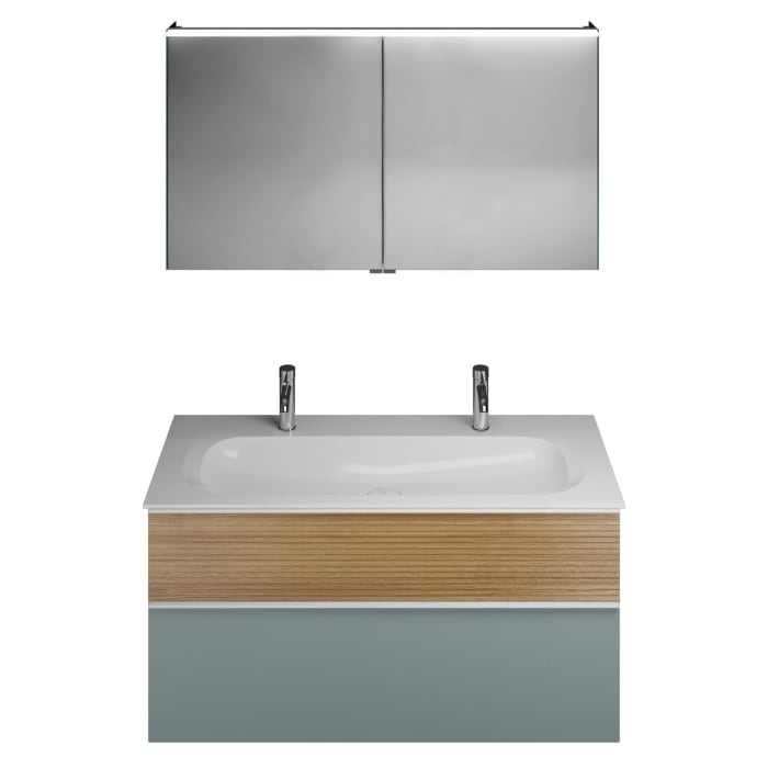 burgbad Fiumo Badmöbel-Set 122 cm mit Waschtisch mit 2 Hahnlöcher und Unterschrank  mit Griff G0223 sowie mit Spiegelschrank