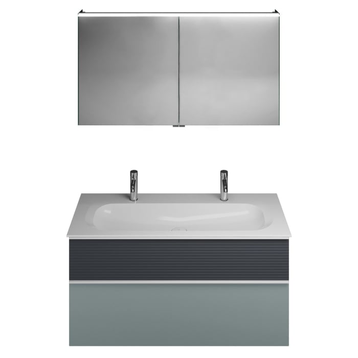 burgbad Fiumo Badmöbel-Set 122 cm mit Waschtisch mit 2 Hahnlöcher und Unterschrank  mit Griff G0223 sowie mit Spiegelschrank