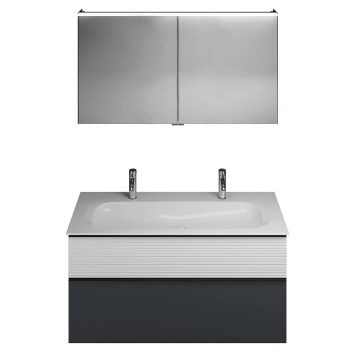 burgbad Fiumo Badmöbel-Set 122 cm mit Waschtisch mit 2 Hahnlöcher und Unterschrank  mit Griff G0200 sowie mit Spiegelschrank