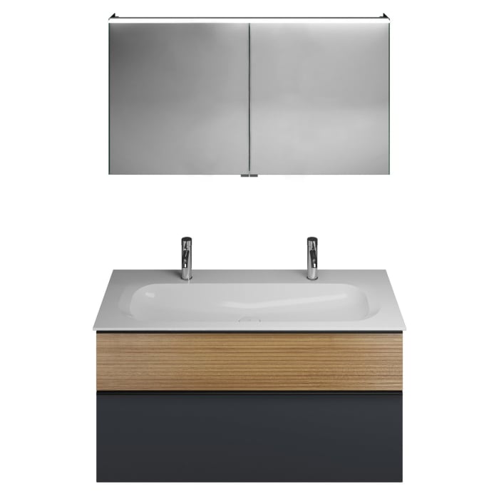 burgbad Fiumo Badmöbel-Set 122 cm mit Waschtisch mit 2 Hahnlöcher und Unterschrank  mit Griff G0200 sowie mit Spiegelschrank