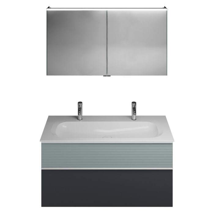 burgbad Fiumo Badmöbel-Set 122 cm mit Waschtisch mit 2 Hahnlöcher und Unterschrank  mit Griff G0223 sowie mit Spiegelschrank