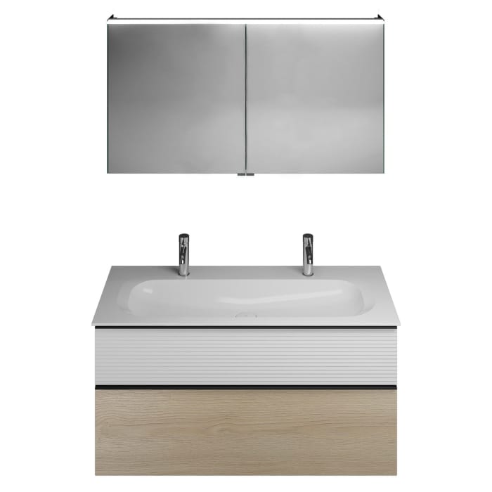 burgbad Fiumo Badmöbel-Set 122 cm mit Waschtisch mit 2 Hahnlöcher und Unterschrank  mit Griff G0200 sowie mit Spiegelschrank