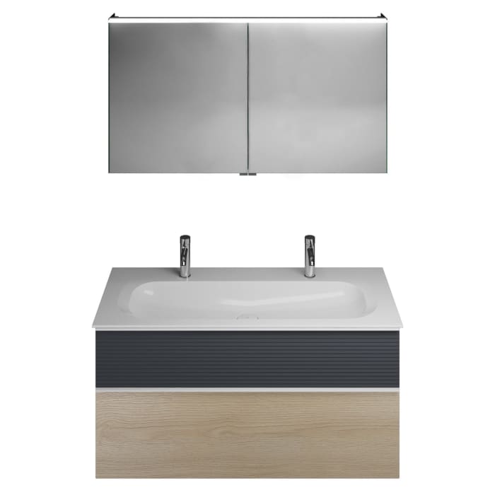 burgbad Fiumo Badmöbel-Set 122 cm mit Waschtisch mit 2 Hahnlöcher und Unterschrank  mit Griff G0223 sowie mit Spiegelschrank