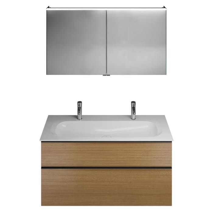 burgbad Fiumo Badmöbel-Set 122 cm mit Waschtisch mit 2 Hahnlöcher und Unterschrank  mit Griff G0200 sowie mit Spiegelschrank