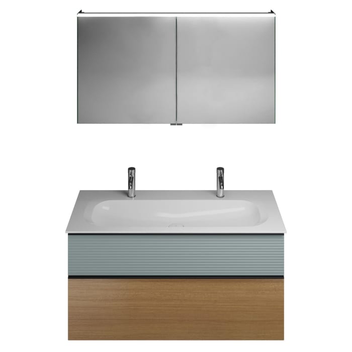 burgbad Fiumo Badmöbel-Set 122 cm mit Waschtisch mit 2 Hahnlöcher und Unterschrank  mit Griff G0200 sowie mit Spiegelschrank