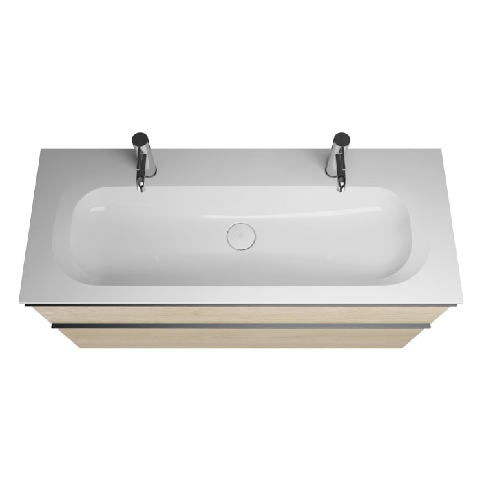 burgbad Fiumo Badmöbel-Set 122 cm mit Waschtisch mit 2 Hahnlöcher und Unterschrank  mit Griff G0200 sowie mit Spiegelschrank