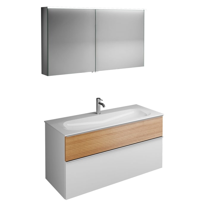 burgbad Fiumo Badmöbel-Set 122 cm mit Waschtisch mit 1 Hahnloch und Unterschrank  mit Griff G0146 sowie mit Spiegelschrank