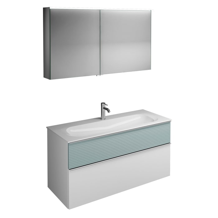 burgbad Fiumo Badmöbel-Set 122 cm mit Waschtisch mit 1 Hahnloch und Unterschrank  mit Griff G0146 sowie mit Spiegelschrank